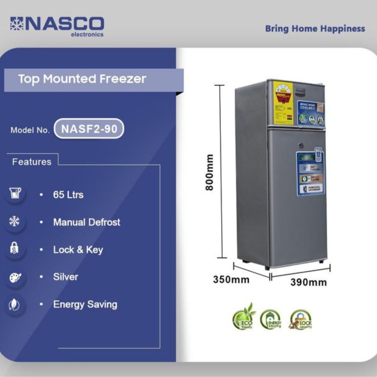 Nasco NASF2-90FL Double Door Table Top Fridge - 65 Liters - Silver